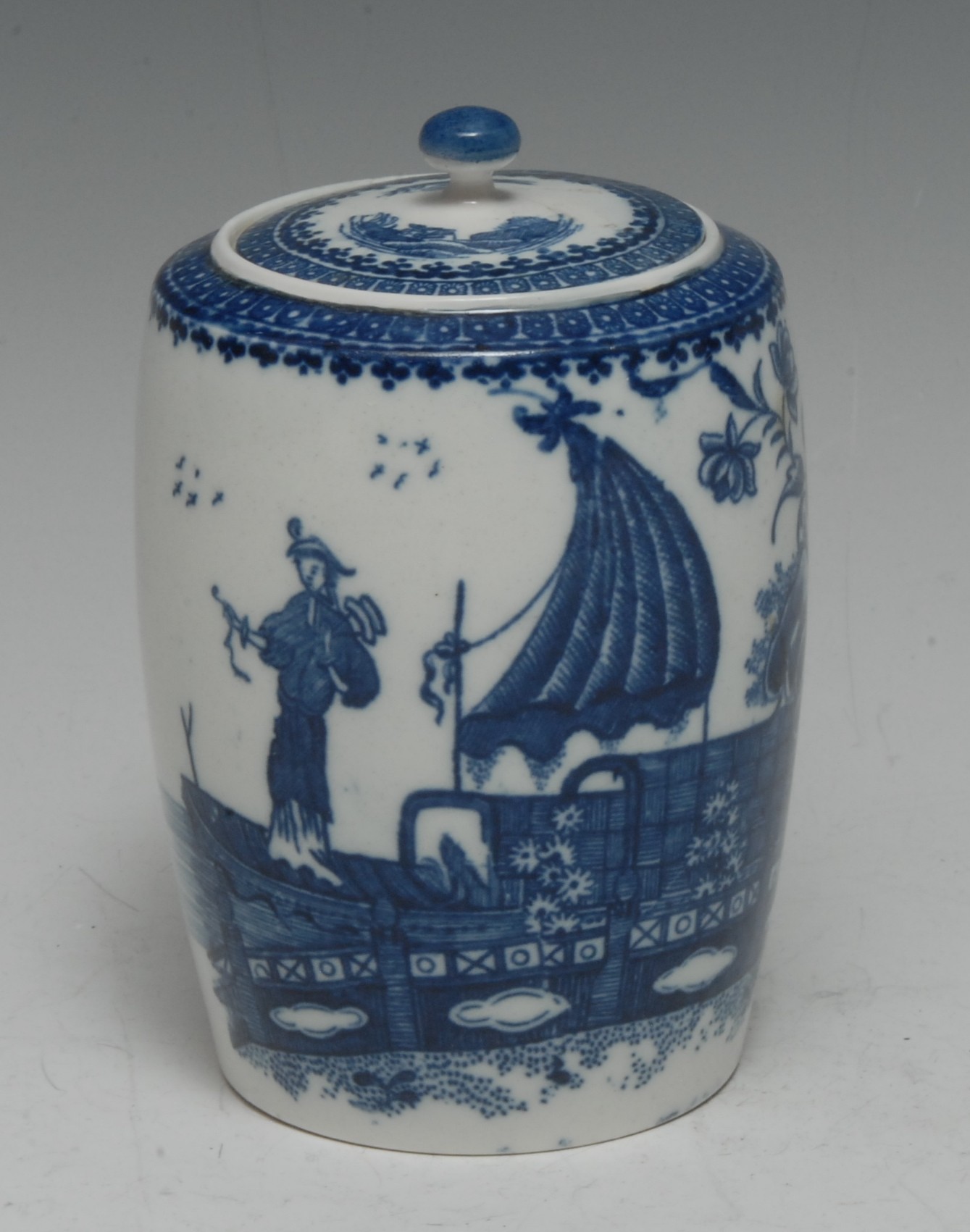 A Caughley Fisherman and Cormorant pattern barrel-shaped tea canister and cover,