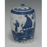A Caughley Fisherman and Cormorant pattern barrel-shaped tea canister and cover,