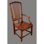 A Provincial Sheraton elm elbow chair, arched back with reeded splats, serpentine arms,