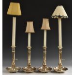 A set of four silver plated adjustable candlesticks, now converted to table lamps, dished bases, 25.