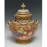 A Royal Worcester ovoid two-handled pot pourri vase and cover, painted by Freeman, signed,