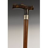 A Victorian silver and tortoiseshell mounted walking stick, curved L-shaped handle,