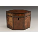 A Regency walnut tea caddy, of elongated hexagonal form, barber pole stringing, 17.5cm wide, c.