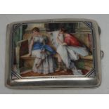 An early 20th century silver and enamel curved rounded rectangular cigarette case,