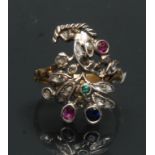A multi gem diamond, emerald, sapphire and ruby floral finger ring,