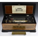 A 19th century Swiss rosewood and marquetry rectangular music box, 23cm cylinder, cranking handle,