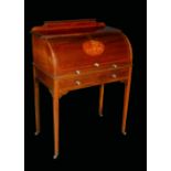 An Edwardian mahogany and marquetry cylinder desk,