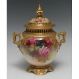 A Royal Worcester lobed ovoid pot pourri vase and cover, painted with H Markin, signed,