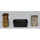 A late 19th century novelty vesta case, as a milk churn, 3cm high; others, silver plated,