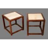 A pair of Chinese Huanghuali wood square low tables, marble inset tops, shaped aprons,