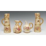 A pair of Royal Worcester blush ivory spreading cylindrical jugs,