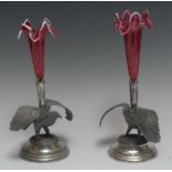 A pair of E.P.B.M specimen vases, as eagles, cranberry glass flutes with opaque edges, 26.