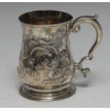 A George II silver christening mug, later embossed with swags and flowers,