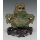 A Chinese jade green quartz twin-handled censer and cover,