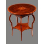 A Sheraton Revival satinwood crossbanded mahogany and marquetry centre tables,