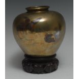 A Japanese bronze, silver and mixed metal ovoid vase, inlaid with cockerels, 12.