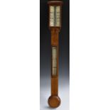 A late Victorian stick oak barometer, depressed pyrimidal top,