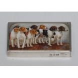 A Victorian silver rectangular vesta case, the hinged cover enamelled with hounds, 5.