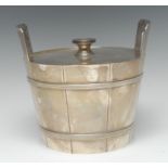 A silver 'coopered' pail ice bucket and cover, angular handles, flat cover, button finial,