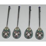 A set of four Russian silver and cloisonne enamel spoons,