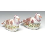 A rare and early pair of Derby Patch Mark ornithological tureens and covers, as Capuchine pigeons,