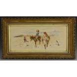 A late 19th century Continental porcelain rectangular plaque, painted with children at the seaside,