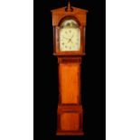 An oak and mahogany George III inlaid long case clock, painted round dial, Roman chapter,