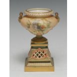 A Royal Worcester pedestal two-handled ogee shaped vase, pierced spreading square base, 13cm high,