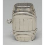 A Victorian silver novelty vesta case, as a coopered barrel, hinged cover, striker to base, 4.