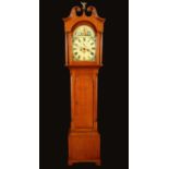 A George III Scottish oak longcase clock, 30cm arched painted dial inscribed Wm Gerrard, Turriff,