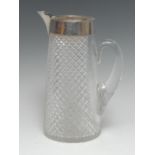 A Victorian silver mounted hobnail-cut clear glass tapered cylindrical lemonade jug, star-cut base,