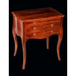 A George III rosewood crossbanded mahogany bombe shaped work table,