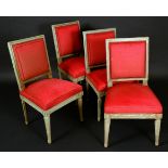 A set of four French side chairs, of Louis XVI design, three were signed, , rectangular backs,