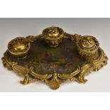 A Rococo Revival Vernis Martin and gilt metal shaped oval standish,