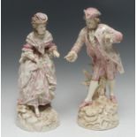 A pair of Volkstedt porcelain figures, of gallant and companion, picked out in pink, 40cm high,