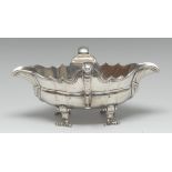 A Continental silver shaped oval double-lipped sauceboat, scroll-capped handles, scroll feet, 19.
