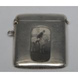 A large Victorian silver vesta case, inset with huntsman on horse,