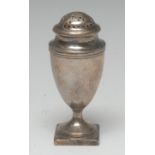 A George III silver urnular pounce pot, domed cover, reeded socle, square base, 10cm high,