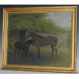 English School (19th century) Equestrian Portrait of a Brown Horse and Black Pony oil on canvas,