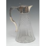 A George V silver mounted hobnail cut and fluted trumpet shaped claret jug,