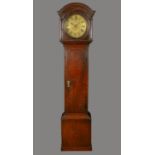 A good George III 30 hour oak long clock, domed top to hood supported on turned ringed columns,
