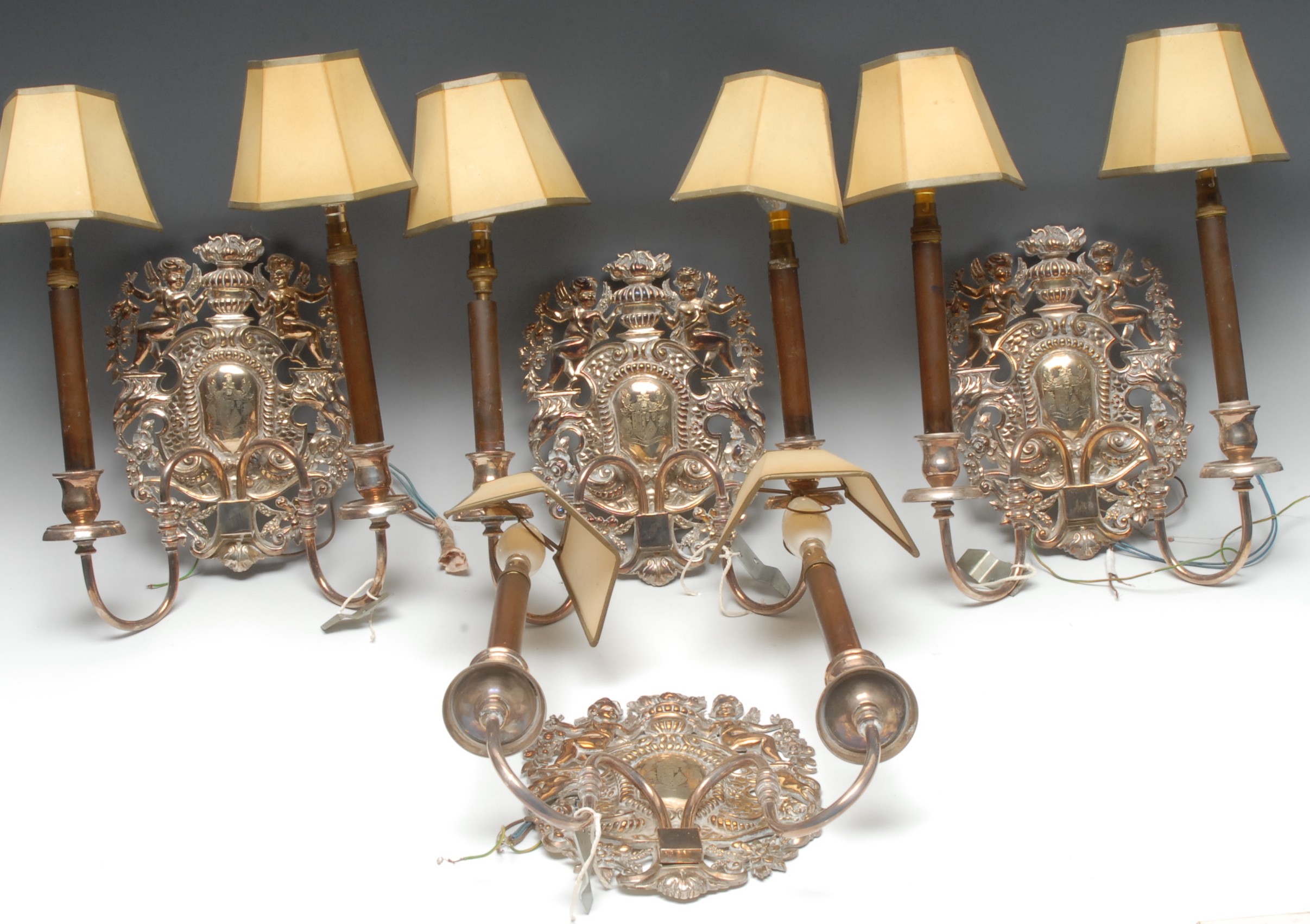A set four Baroque style silver plated two-light-two branch wall lights,