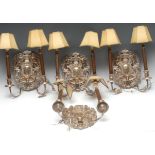 A set four Baroque style silver plated two-light-two branch wall lights,