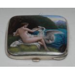 An early 20th century silver coloured metal and enamel curved rounded rectangular cigarette case,