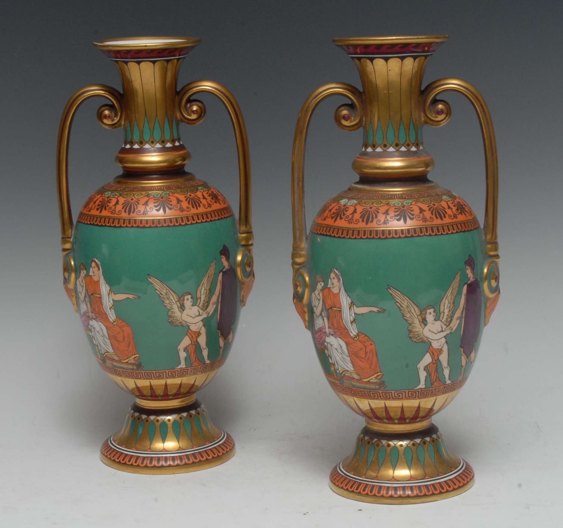 A pair of Hill Pottery Co Grecian Revival amphora shaped vases,