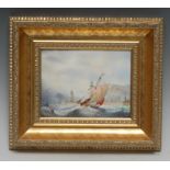 A English Porcelain rectangular plaque, painted by Stefan Nowacki, with sailing boat of the coast,