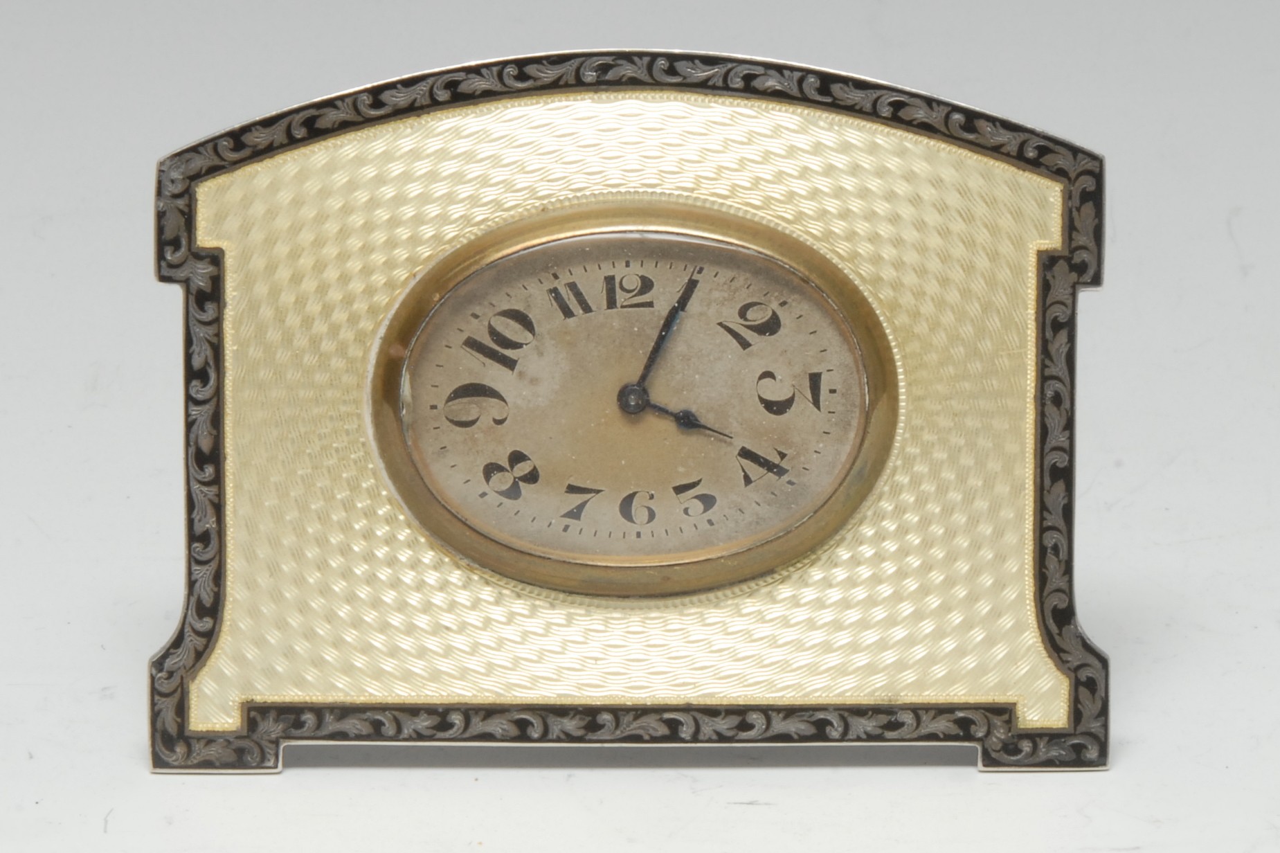 An Art Deco silver and guilloche enamel easel boudoir timepiece, 4.