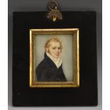 English School (19th century), a portrait miniature, of a young gentleman with curly blond hair,