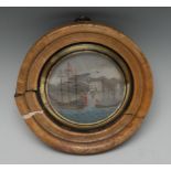 A 19th century reverse painting on glass, HMS Essex, at Bombay Harbour, banded gilt rim, 15cm diam,