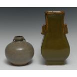 A Sung Dynasty bulbous vase, grey glaze, lug handles, 14.